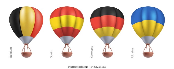 Globos aerostáticos con bandera nacional de Alemania, España, Bélgica, Ucrania. Viaje en el cielo o festival de globo en concepto de aerostato de cesta voladora. Vector 3d render caricatura dirigible sobre fondo blanco