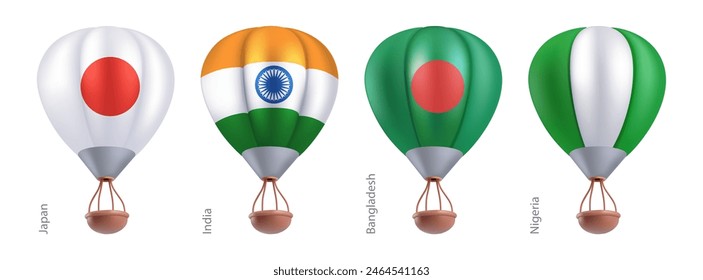 Hot air balloons with national flag of Japan, India, Bangladesh, Nigeria. Sky travel or ballooning festival in flying basket aerostat concept. Vector 3d render cartoon airship on white background