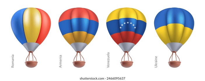 Hot air balloons with national flag of Romania, Armenia, Venezuela, Ukraine. Sky travel or ballooning festival in flying basket aerostat concept. Vector 3d render cartoon airship on white background