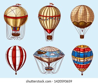 Hot Air Balloons on a blue background. Vector retro flying airships with decorative elements. Template transport for Romantic logo. Hand drawn Engraved vintage sketch.