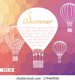 Hot air balloons on hexagons background. Summer background for your design. There is place for your text on white area. Vector EPS10.