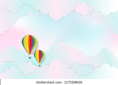 Hot air balloons on the pastel sky background as design paper art and craft style concept. vector illustration