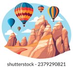 Hot air balloons over Cappadocia rocks landscape.