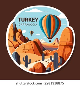 Hot air balloons over Cappadocia rocks landscape. Adventure travel in Turkey concept vector illustration.