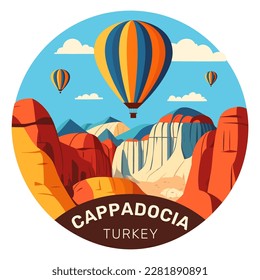 Hot air balloons over Cappadocia rocks landscape. Adventure travel in Turkey concept vector illustration.