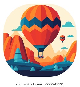 Hot air balloons over Cappadocia rocks landscape. Adventure travel in Turkey concept vector illustration.