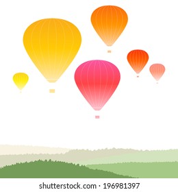 Hot air balloons over green landscape, vector illustration