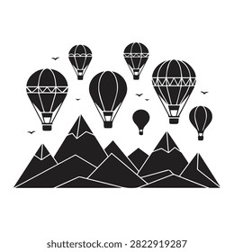 Hot air balloons over mountain range landscape silhouette with mountain landscape adventure silhouette outdoors transportation illustration traveling vacation elevation recreation elevated