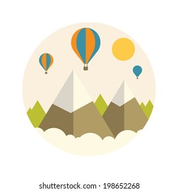 Hot air balloons over the mountains with sun.