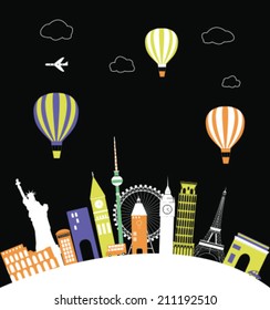 Hot air balloons over the world. Vector