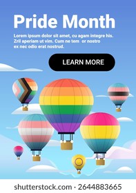 Hot air balloons pride flags celebration sky colorful diverse LGBTQ community clouds blue background website banner