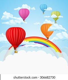 hot air balloons and rainbow in the clouds background. vector illustration