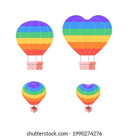 Hot air balloons with rainbow pride flags. Isometric and flat rainbow aerostats. Collection of organic flat illustrations