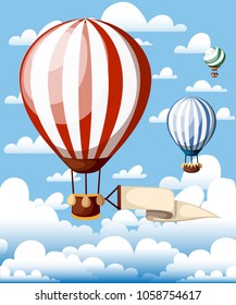 Hot air balloons. Red balloon with ribbon on the blue sky. Vector illustration isolated with clouds on background. Website page and mobile app design.