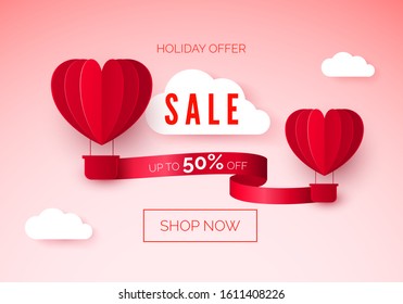 Hot air balloons with red ribbon and discount offer on it. Valentines day seasonal sale. vector 