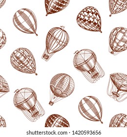 Hot Air Balloons seamless pattern. Vector retro flying airships. Template transport for Romantic background. Hand drawn Engraved vintage sketch.