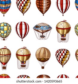 Hot Air Balloons seamless pattern. Vector retro flying airships. Template transport for Romantic background. Hand drawn Engraved vintage sketch.