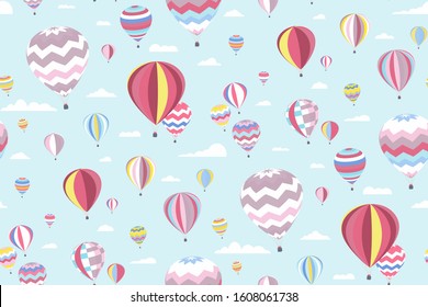 Hot air balloons Seamless pattern. Creative print in light (pastel) colors. Perfect template for Wallpaper, children's interior design, fabrics, banners, posters, postcards... Vector illustration.