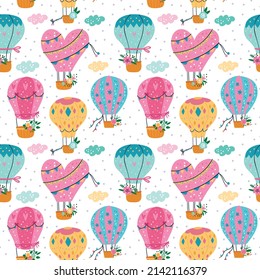 Hot air balloons seamless pattern. Cute sky flying vehicles. Different shapes baskets with garlands or flowers. Aerial transport. Airship and clouds. Ballooning voyage