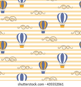 Hot air balloons seamless vector pattern. Blue and yellow air balloons in the sky on stripe background. Minimalist style textile fabric retro transportation boy kid ornament.