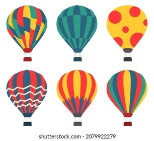 Hot air balloons set. Collection of aircraft, graphic elements for website. Aircraft, air transport, stickers or posters for children. Cartoon flat vector illustrations isolated on white background