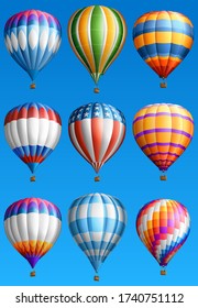 Hot air balloons set isolated on blue, EPS 10, contains transparency.