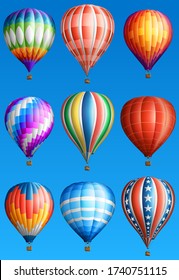 Hot air balloons set isolated on blue, EPS 10, contains transparency.