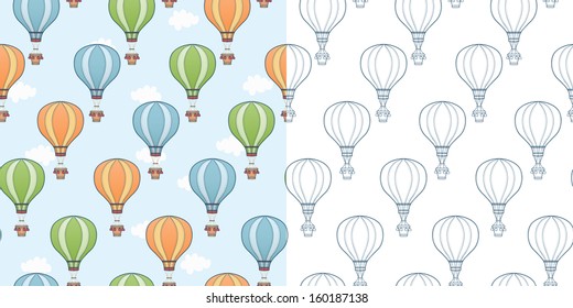 Hot air balloons. Set of two seamless patterns. Seamless pattern can be used for wallpaper, pattern fills, web page background.