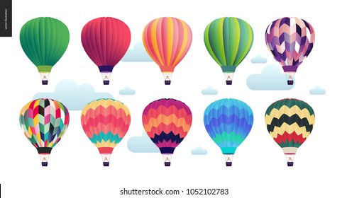 Hot air balloons - set of various colored balloons in the sky with clouds