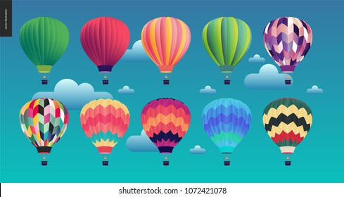 Hot air balloons - set of various colored balloons in the sky with clouds