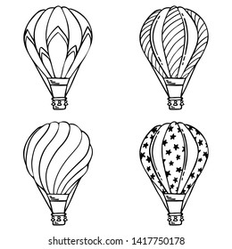 Hot air balloons set. Vector illustration.  Aerostat for decoration for holidays, travel, greeting cards, wedding, invitations, summer, holidays and greetings,  scrapbooking and wrapping paper 