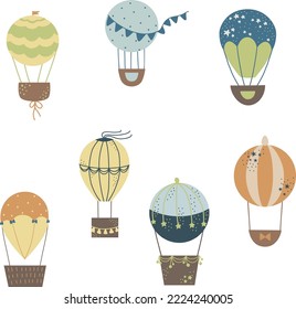 Globos de aire caliente conjunto ilustración vectorial para diseño, impresión, patrón, aislado en fondo blanco