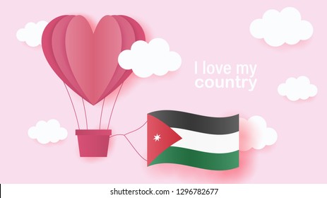 Hot air balloons in shape of heart flying in clouds with national flag of Jordan. Paper art and cut, origami style with love to Jordan