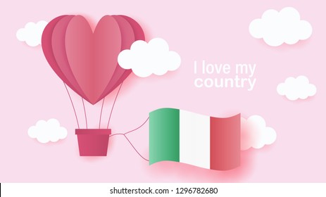 Hot air balloons in shape of heart flying in clouds with national flag of Italy. Paper art and cut, origami style with love to Italy