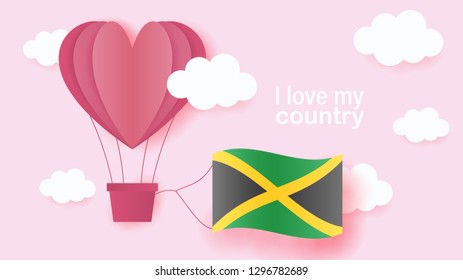 Hot air balloons in shape of heart flying in clouds with national flag of Jamaica. Paper art and cut, origami style with love to Jamaica