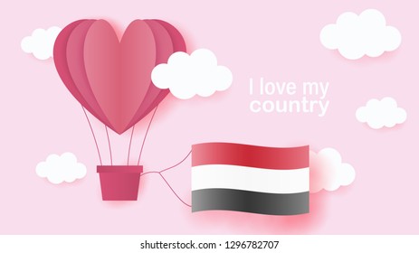 Hot air balloons in shape of heart flying in clouds with national flag of Yemen. Paper art and cut, origami style with love to Yemen