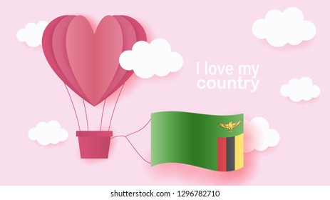 Hot air balloons in shape of heart flying in clouds with national flag of Zambia. Paper art and cut, origami style with love to Zambia