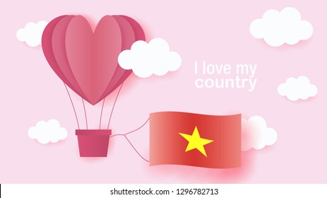 Hot air balloons in shape of heart flying in clouds with national flag of Vietnam. Paper art and cut, origami style with love to Vietnam