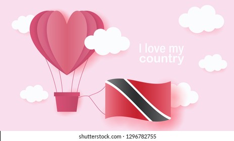 Hot air balloons in shape of heart flying in clouds with national flag of Trinidad and Tobago. Paper art and cut, origami style with love to Trinidad and Tobago