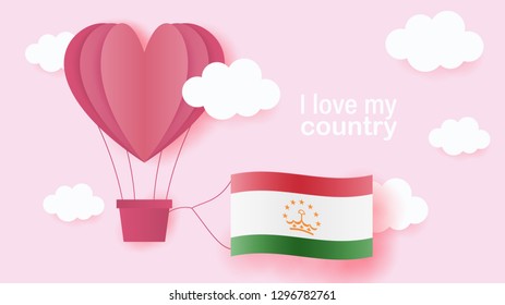 Hot air balloons in shape of heart flying in clouds with national flag of Tajikistan. Paper art and cut, origami style with love to Tajikistan