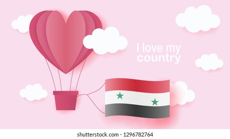 Hot air balloons in shape of heart flying in clouds with national flag of Syria. Paper art and cut, origami style with love to Syria