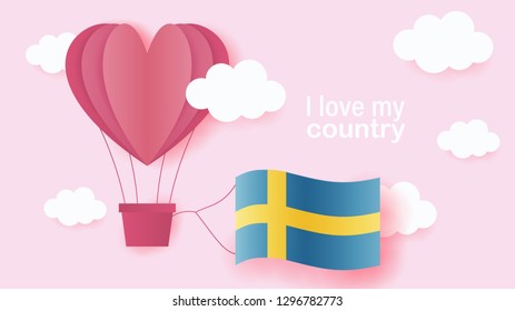 Hot air balloons in shape of heart flying in clouds with national flag of Sweden. Paper art and cut, origami style with love to Sweden