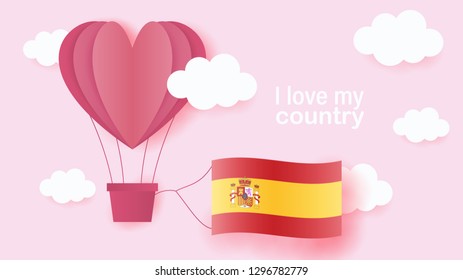 Hot air balloons in shape of heart flying in clouds with national flag of Spain. Paper art and cut, origami style with love to Spain