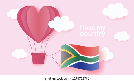 Hot air balloons in shape of heart flying in clouds with national flag of South Africa. Paper art and cut, origami style with love to South Africa