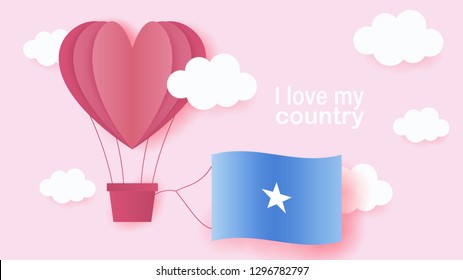 Hot air balloons in shape of heart flying in clouds with national flag of Somalia. Paper art and cut, origami style with love to Somalia