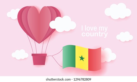 Hot air balloons in shape of heart flying in clouds with national flag of Senegal. Paper art and cut, origami style with love to Senegal