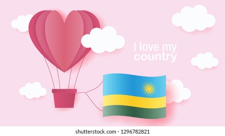 Hot air balloons in shape of heart flying in clouds with national flag of Rwanda. Paper art and cut, origami style with love to Rwanda