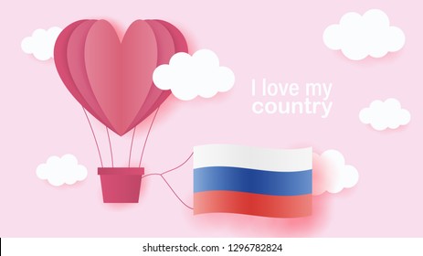 Hot air balloons in shape of heart flying in clouds with national flag of Russia. Paper art and cut, origami style with love to Russia