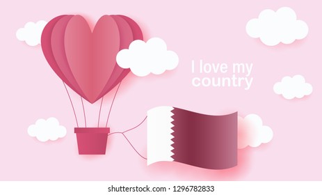 Hot air balloons in shape of heart flying in clouds with national flag of Qatar. Paper art and cut, origami style with love to Qatar