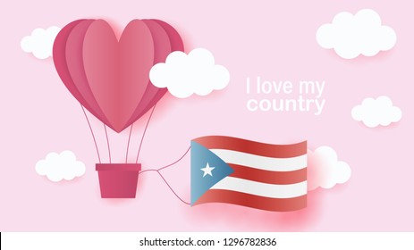 Hot air balloons in shape of heart flying in clouds with national flag of Puerto Rico. Paper art and cut, origami style with love to Puerto Rico